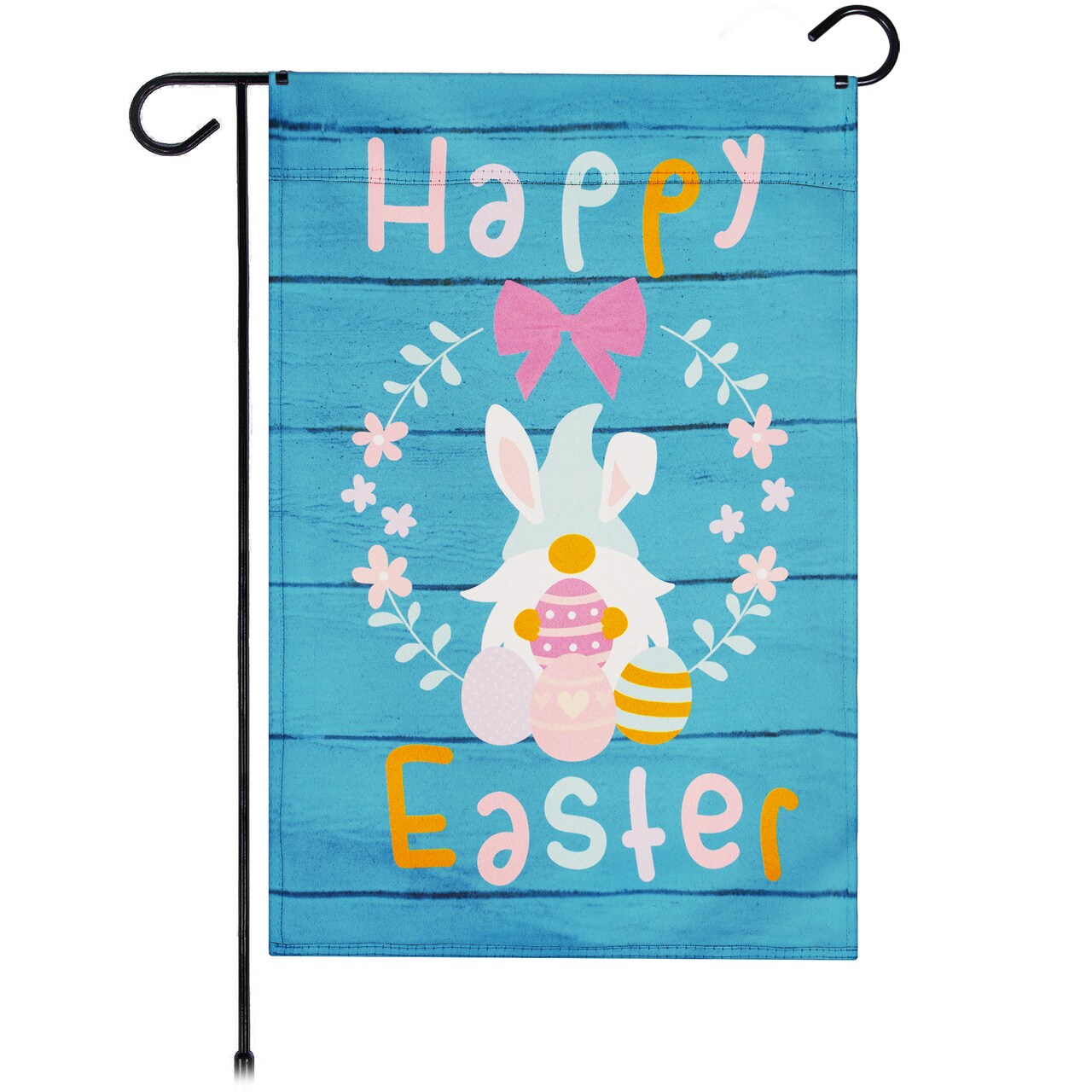 G128 Garden Flag Happy Easter Rabbit Gnome with Eggs 12"x18" Blockout Fabric